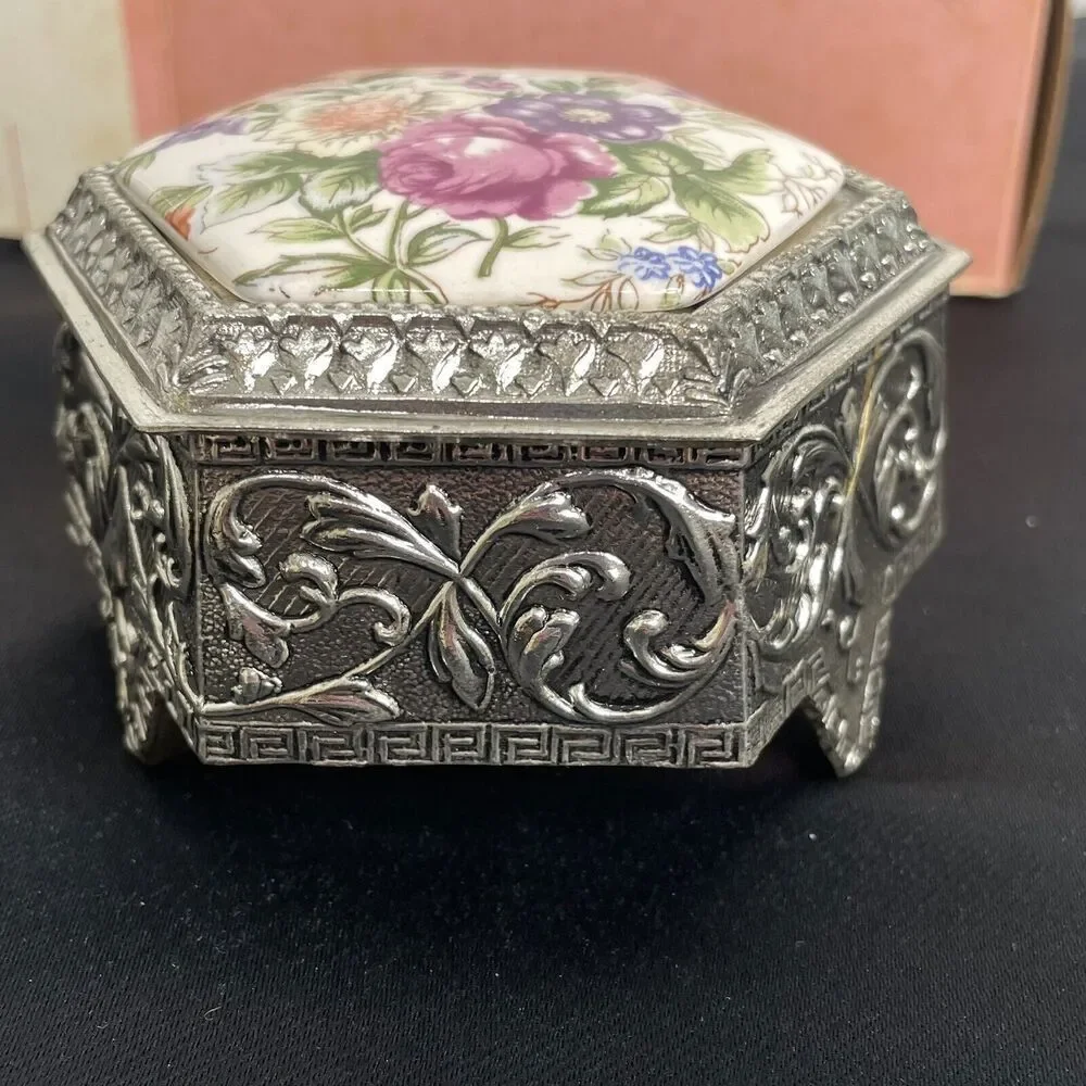 Vintage Japan Jewelry Trinket Box Silver Plated Painted Floral Hinged Top Lined - Picture 9 of 15